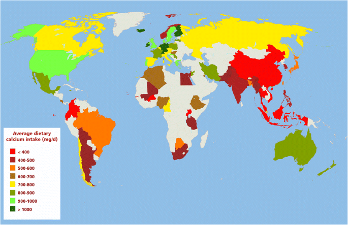 Figure 2: Global map of average dietary calcium intake categories (Reference: International Osteoporosis Foundation)