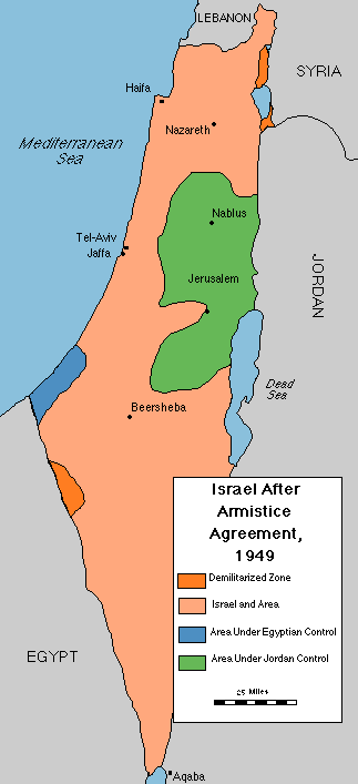 Israel and Palestine after Armistice Agreement in 1949 (Photo: Jewish Virtual Library)