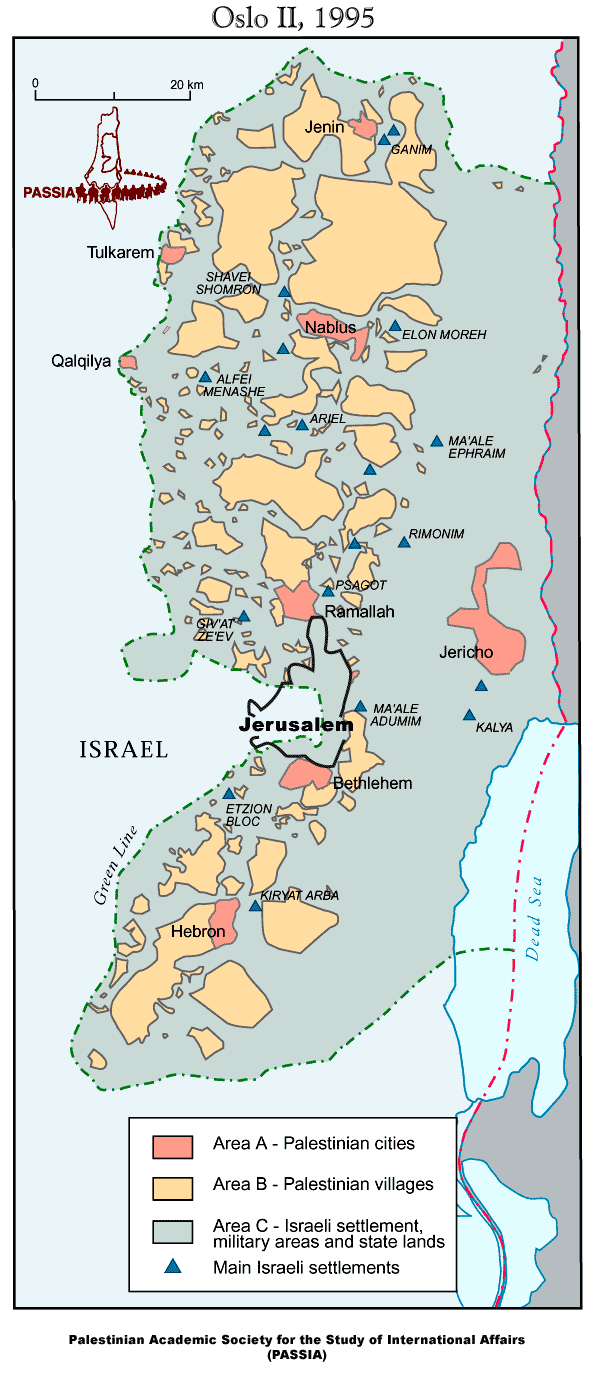 Israel Occupied West Bank Maps Under 1995 Oslo Accords (Photo: Palestinian Academic Society for the Study of International Affairs)