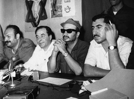 Yasser Arafat with the Democratic Front for the Liberation of Palestine Leader, Nayef Hawatmeh and Palestinian Writer Kamal Nasser at a Press Conference in Amman in 1970 (Photo: Jewish Virtual Library)