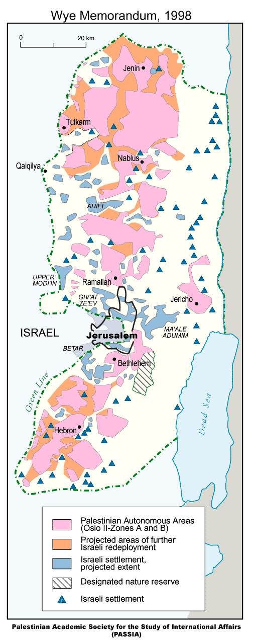 West Bank Maps Under 1998 Wye Memorandum (Photo: Palestinian Academic Society for the Study of International Affairs)