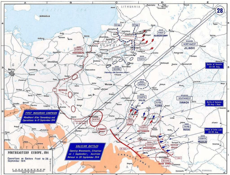 The First Battle of the Masurian Lakes and The Battle of Galicia Map (Photo: History Central)